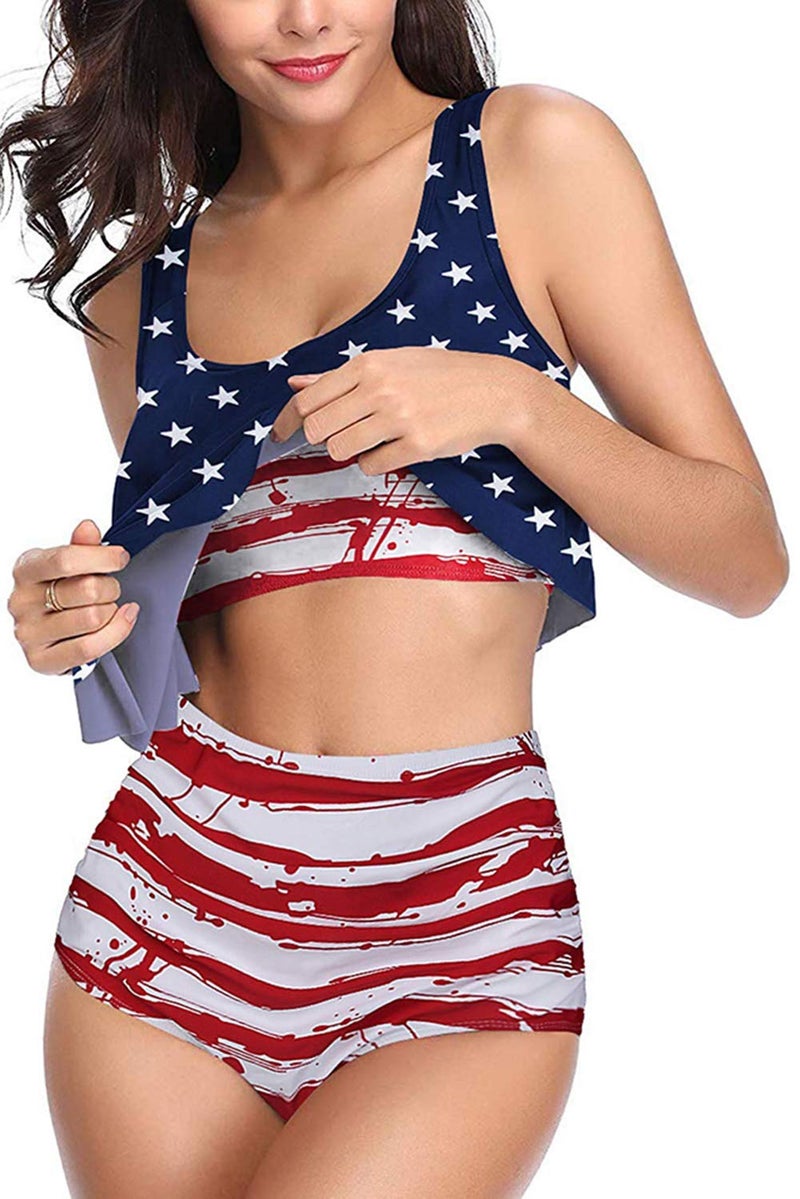 Adisputent Women High Waisted Swimsuit Flounce Swimwear Racerback Vintage Two Piece Bikini (American Flag,L) - Image 3